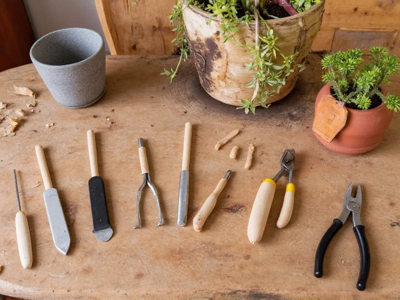 Essential DIY planter tools laid out on workbench