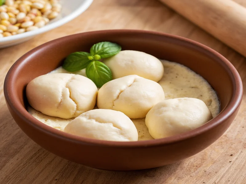 Homemade pizza dough balls resting in ceramic bowl