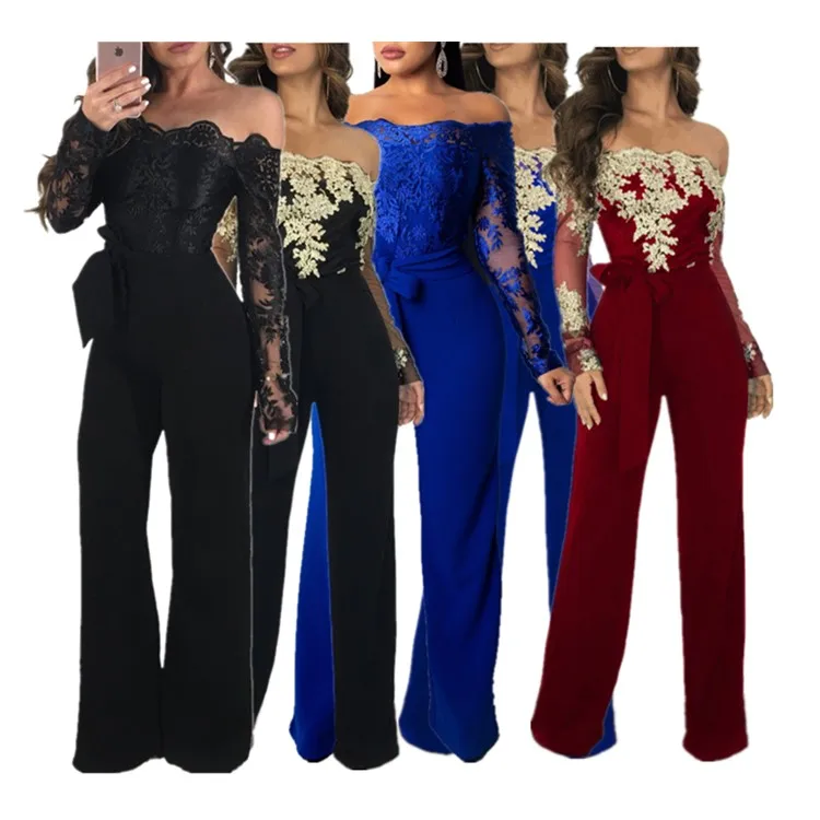 

OSM-3227 Wholesale Ladies Casual Ladies Water-Soluble Lace One-Word Neck Wide-Leg Jumpsuit
