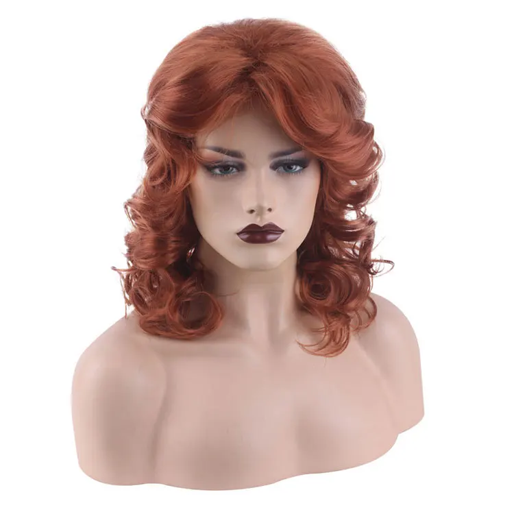 

Red Brown Short Curly Red Brown Hair with Eversion Bangs Shoulder Length Hair High Temperature Silk Natural Daily Ladies Wig, Pic showed