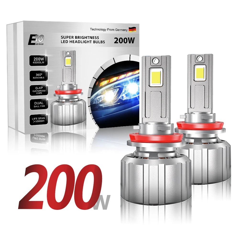 

2022 E10 Super High Power 200W 48000LM 6500K 7545 Chip H1 H4 H7 H8 H9 H11 9005 9006 9012 Canbus led headlight bulbs