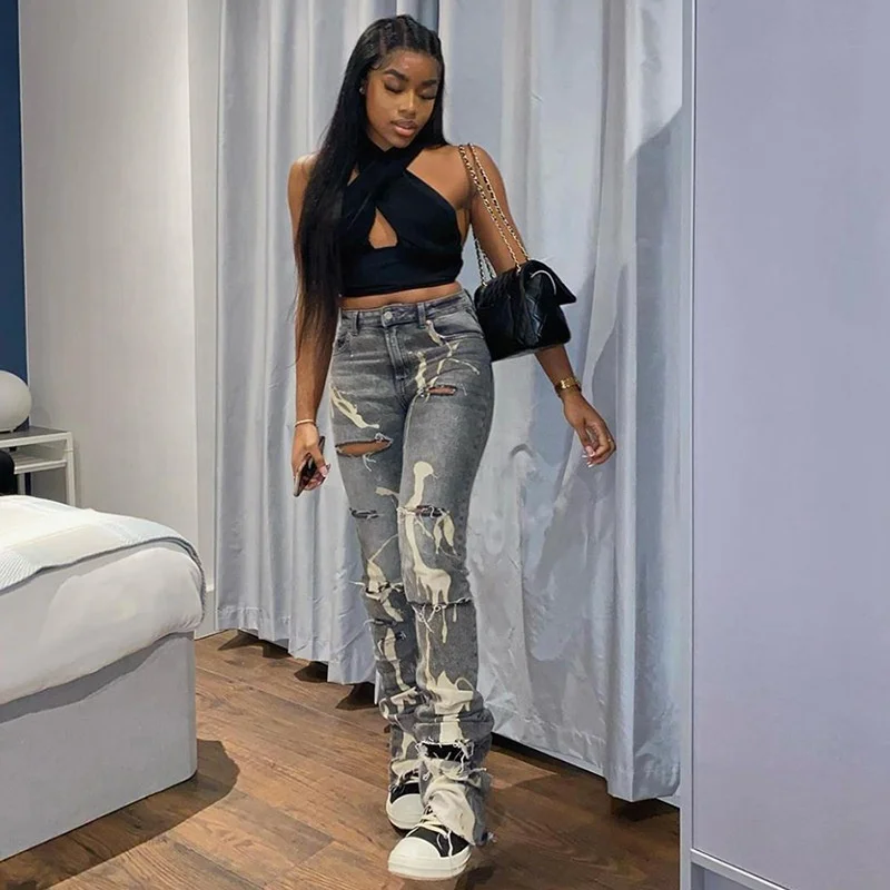 

2021 New Arrival Summer Women Fashion Sexy Summer Hole Print High Waist Hot Night Club Denim Straight Jeans Pants, Blue jeans