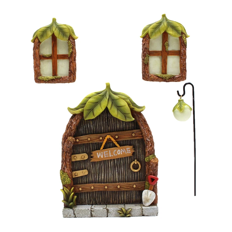 

Resin Gifts & Crafts Luminous Fairy Garden Door and Windows Set (4-Piece Set) for Trees Yard Art Ornament house decor