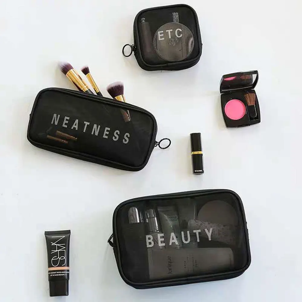

3 In 1 High Quality Nylon Mesh Cosmetic Bag Travel Cosmetic Zipper Pouch Woman Cosmetic Bags For Lady, 4 colors