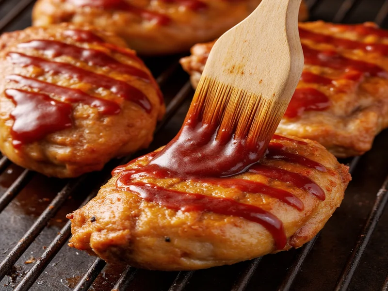 Homemade BBQ sauce brushed on grilled chicken thighs
