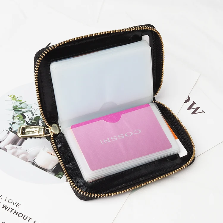 

mini black genuine leather zipper credit card holder, Customized