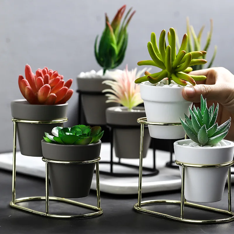 

Nordic iron succulent gold-plated ins simple iron frame ceramic green plant clay pot set, As photos or customized