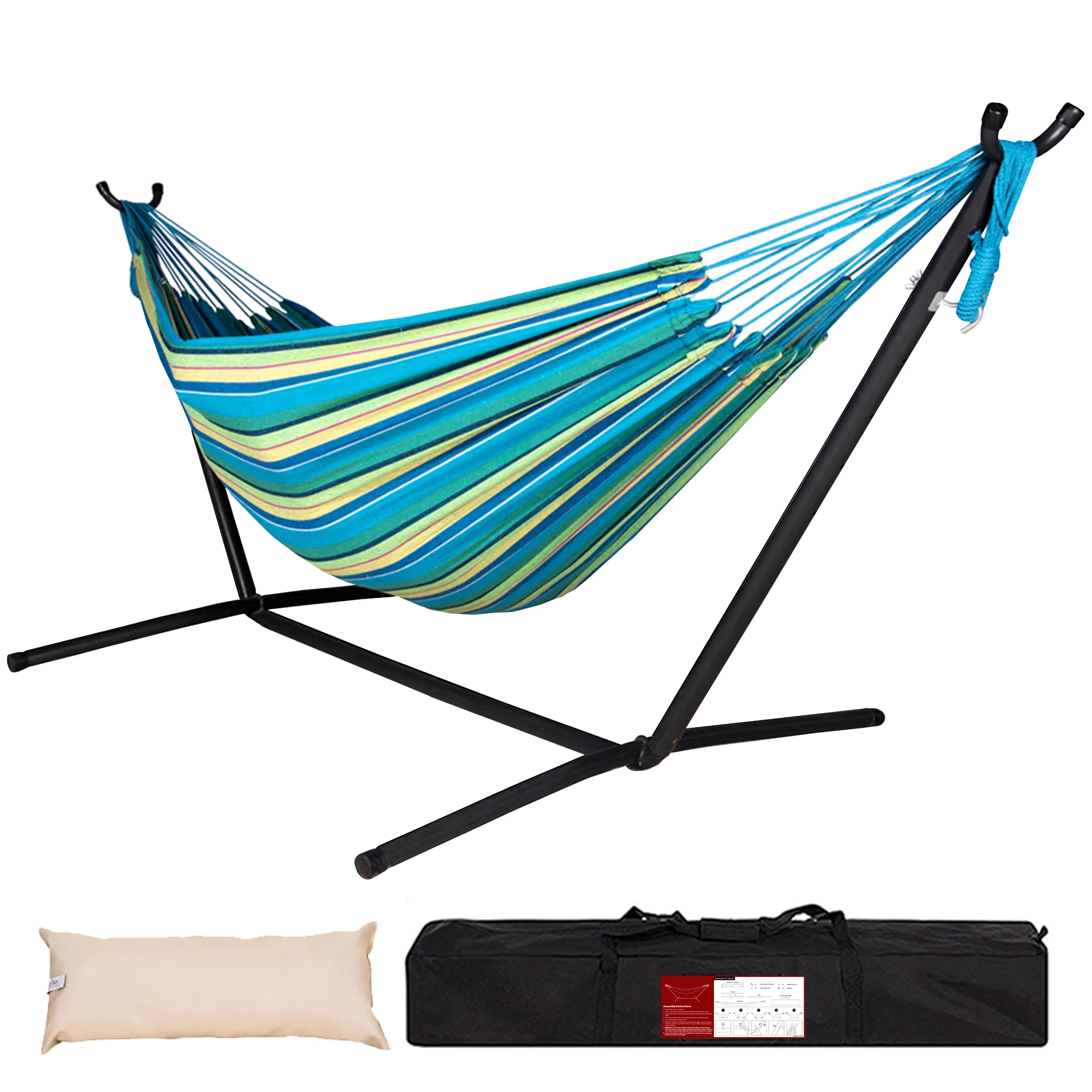 

Brazilian-Style Double Cotton Hammock with 9FT Space Saving Steel Stand Includes Portable Carrying Bag and Head Pillow, Customized color