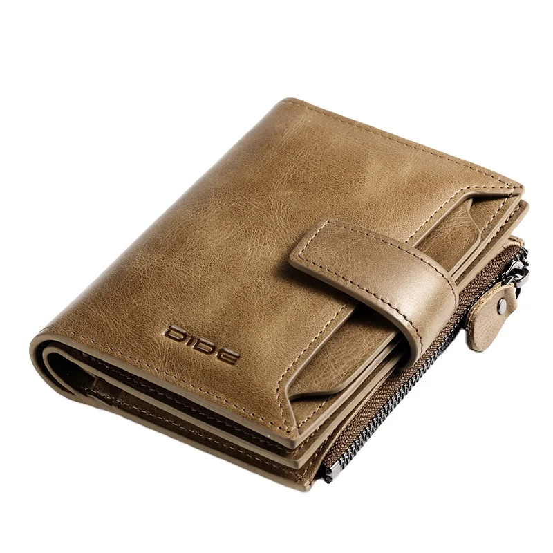 

fashion genuine leather RFID mens money clip wallet with zipper and hasp, Khaki/ dark brown/ customize