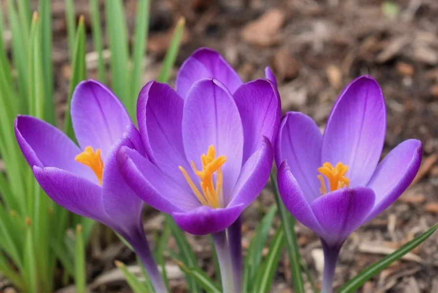 Close-up view of Crocus sativus flower showing purple petals and three red stigmas emerging from center