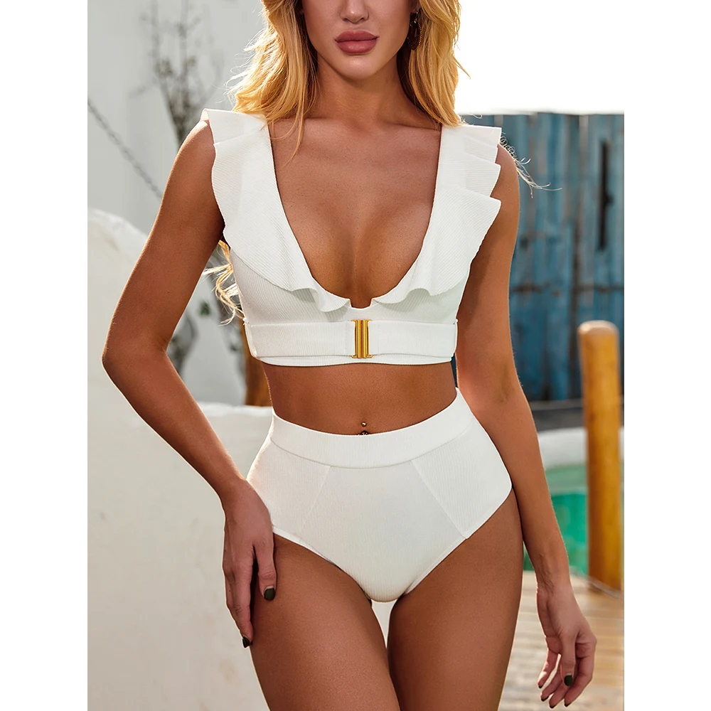 

TW201 Woman Swimsuit recycled eco-friendly fabric Ruffle High Waist Beachwear Custom swimwear bikini 2021