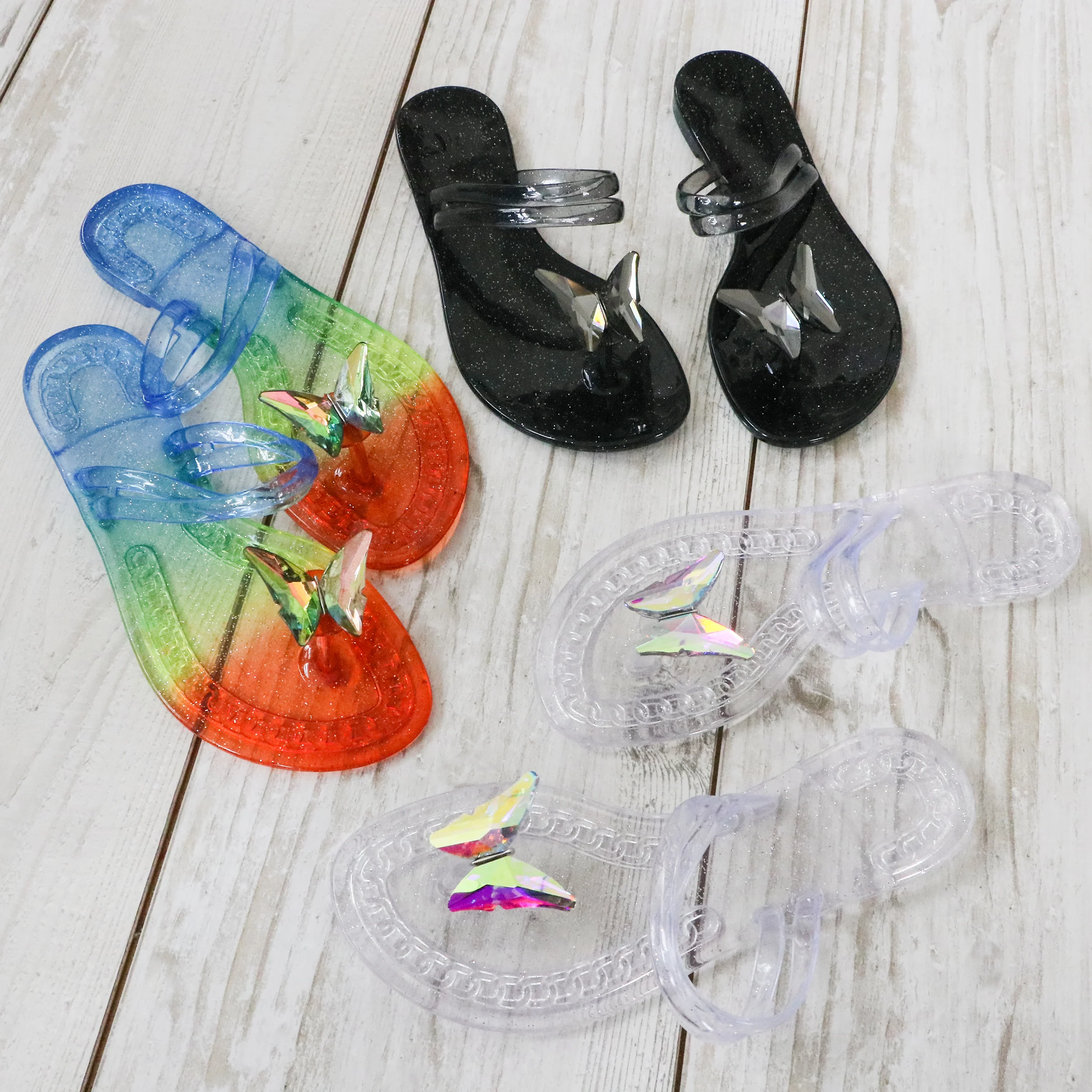 

Summer Colorful Diamond Bows Beach Flip Flops, Jelly Flat Bottom Women Butterfly Rhinestone Slippers, Customized color