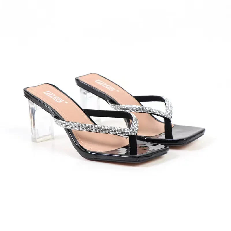 

2021 summer new Fashion Square diamond high heeled women's shoes sexy transparent heel large size Sandal