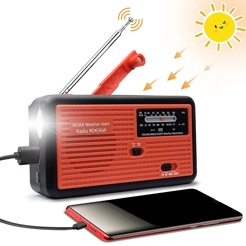 

Portable Emergency Weather Radio Hand Crank Self Powered AM/FM/NOAA Solar Radios with LED Flashlight 1000mAh Power Bank Phone