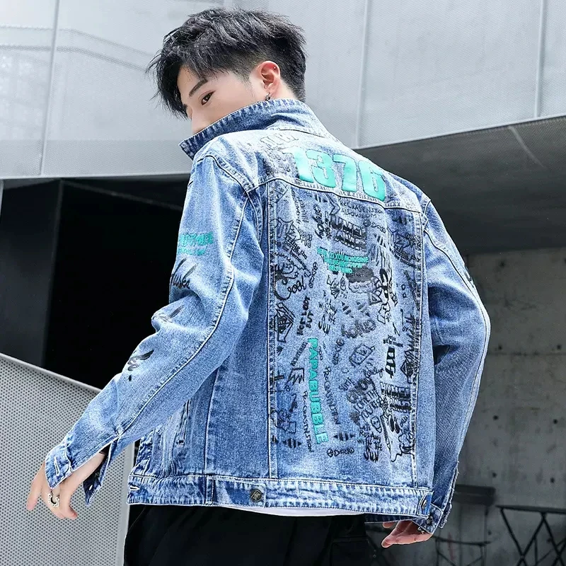 

M-3XL denim jacket Men's loose hole vintage autumn jacket Men's handsome motorcycle versatile jacket