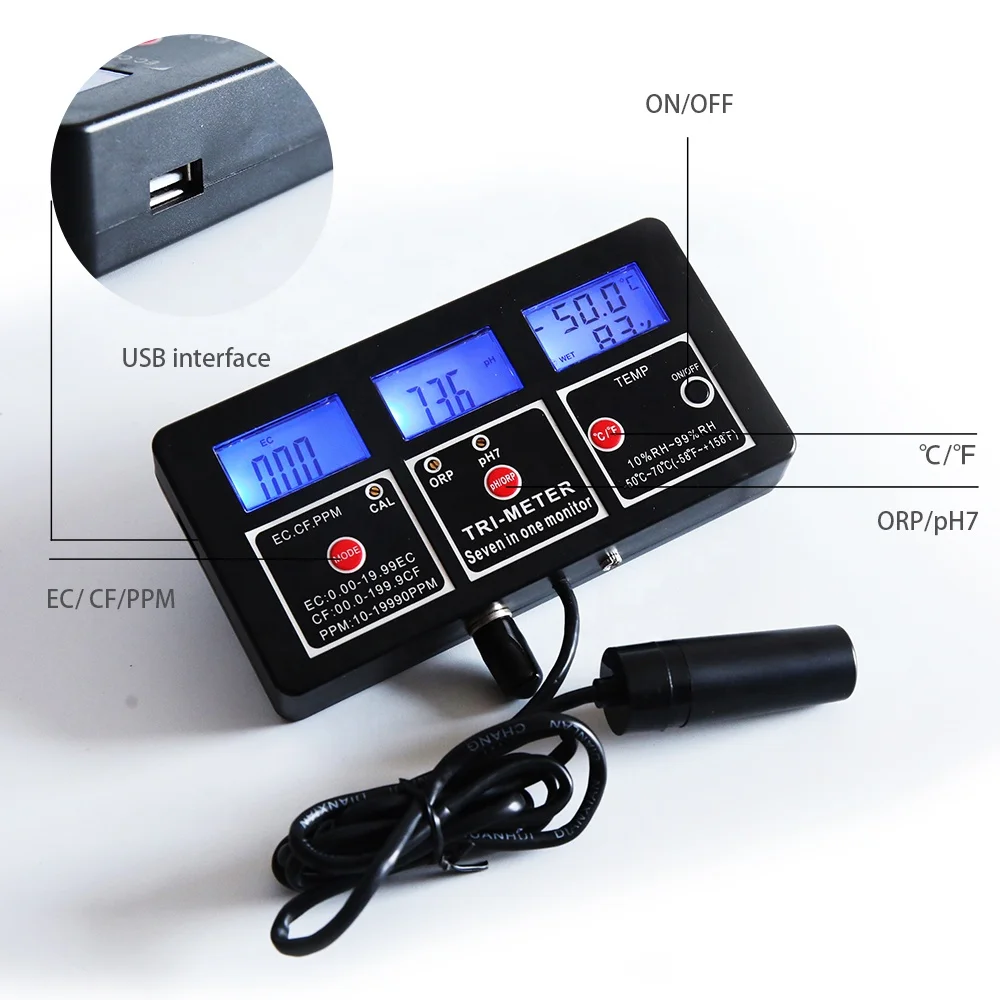 
Multi-parameter Digital PH meter Professional 7 in 1 Water Testing Meter Monitor ORP PH RH EC CF TDS TEMP Meter 