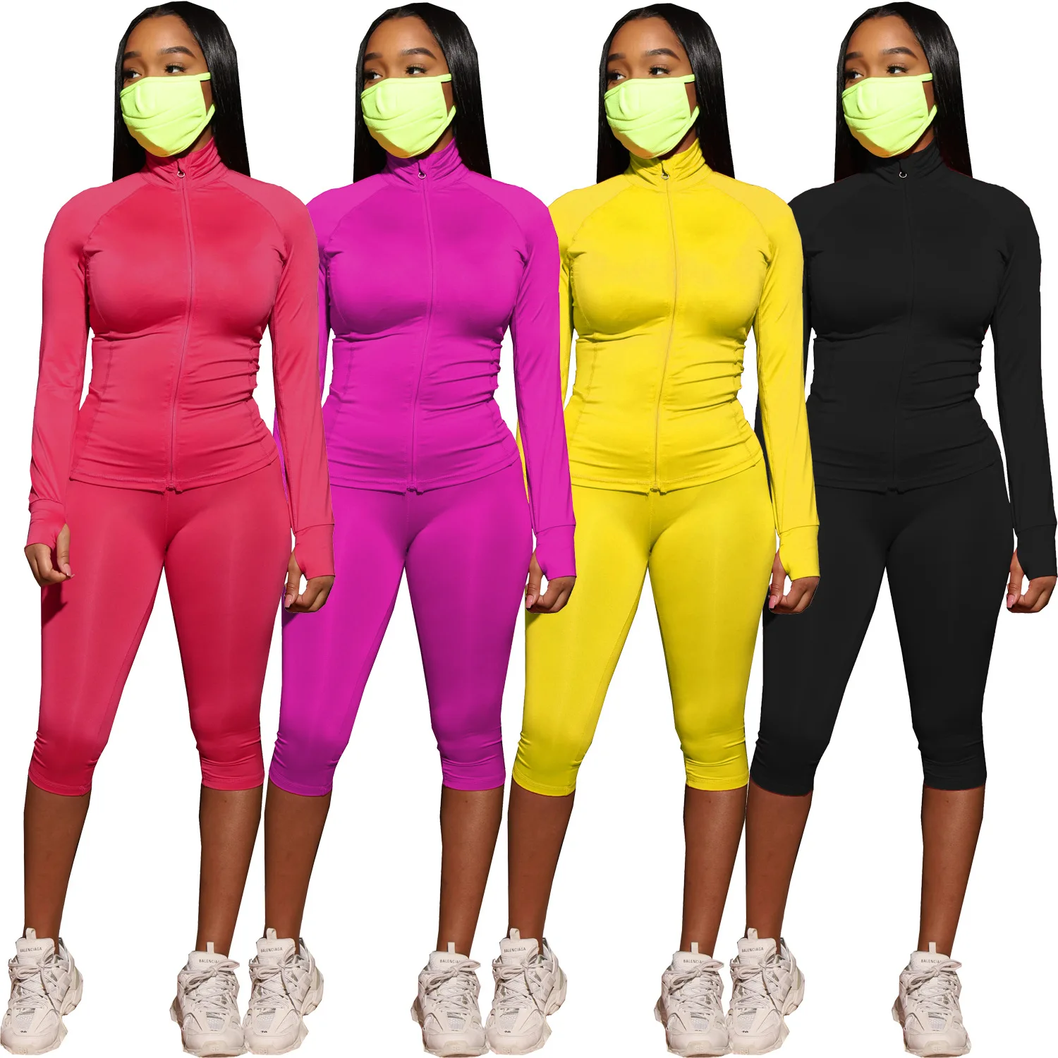

Sport Solid Women's Set Long Sleeve Jacket Tops Mid-calf Pants Suit Active Wear Tracksuit Two Piece Set Fitness Outfit, As picture show