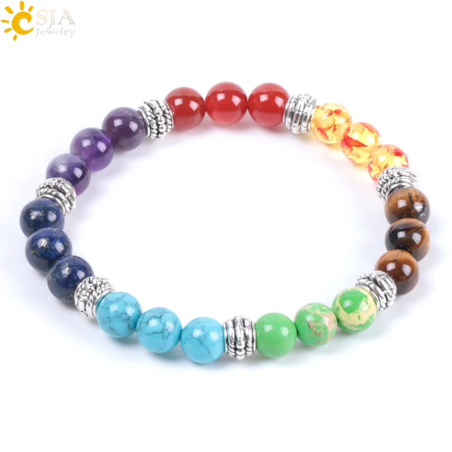 

CSJA colorful natural stone healing reiki lucky bead bracelet for women crystal quartz 7 chakra bracelets E998