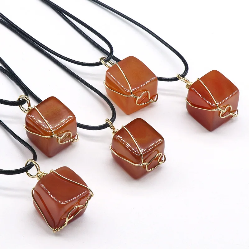 

Yiwu Black Leather Cord Square Cube Wire Wrapped Real Natural Red Agate Stone Carnelian Crystal Gemstone Pendant Necklaces