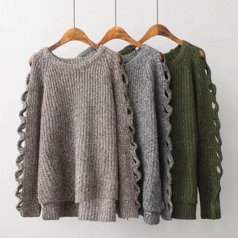 

B61341A Women's Crew Neck Solid Long Drop Sleeves Loose Knit Pullover Sweaters, Gray/green/coffee