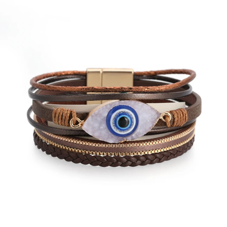 

Amazon Hot Selling Bohemian Wrap Evil Eyes Crystal Accessories Multilayer Leather Cuff Bracelet