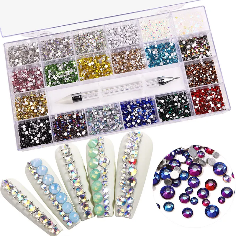 

21 Grids Mixed Color Micro Diamond Nail Art Flat Glass Round Shaped Rhinestone Box Nail Art Accessories DIY Set