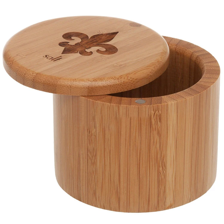 Customized Logo Bamboo Round Salt or Spice Box with Magnetic Lid