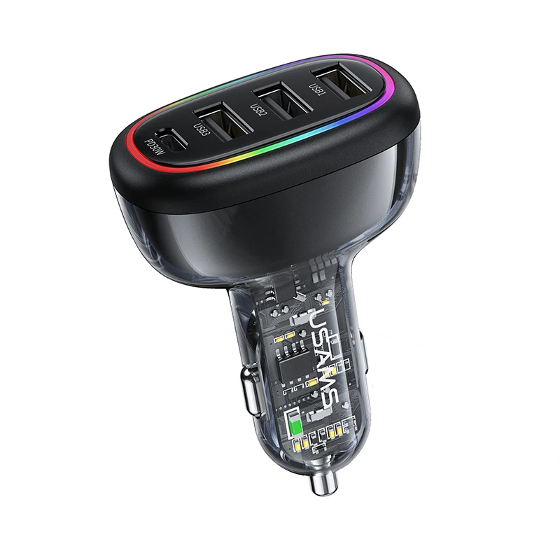 

USAMS CC170 laptop car charger PD30W AAAC 48W Transparent Fast Car Charger With Colorful Light car mobile charger