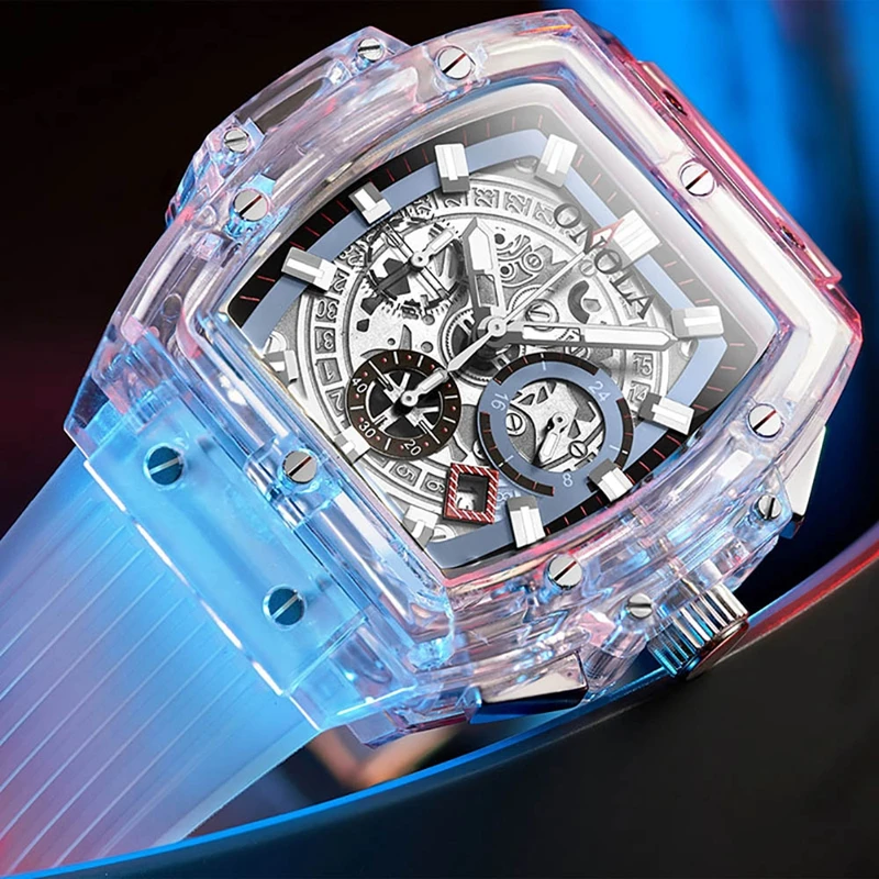 ONOLA 6811 Brand Fashion Machinery Design Dial Quartz Date Military Square Transparent Case Silicone Sport Chronograph Men Watch