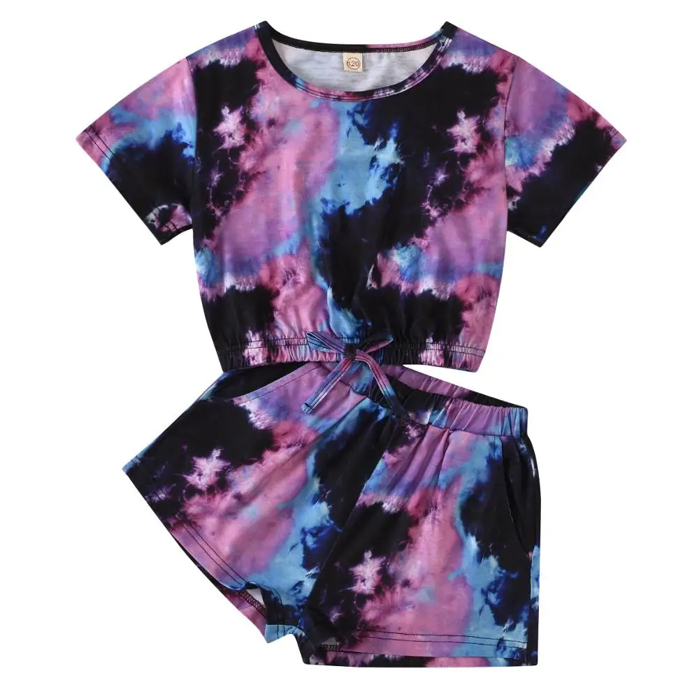 

Summer 2021 wear tie dyed round neck short sleeve shirt tapered shorts suit two pieces set children clothes for girls, As pic shows, we can according to your request also