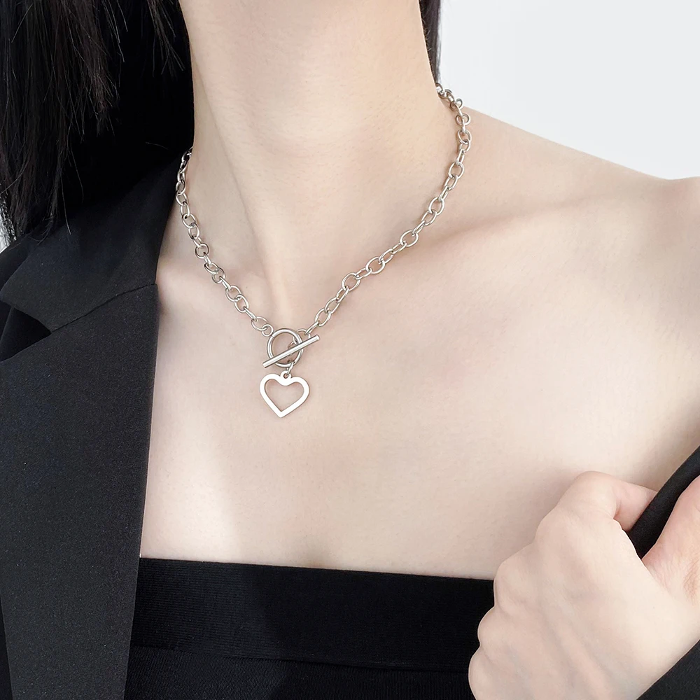 

NEULRY ins Personality Trend Does Not Fade Women Jewelry Love Word Buckle Heart Stainless Steel Necklace, Steel color