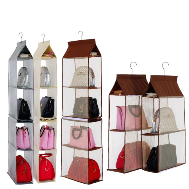 

2020 Home Storage 6 Shelf Hanging Mesh Bag Closet Organizer Dust Cover Bag Organizer Hanging Storage Bags for Handbag, 5 colors