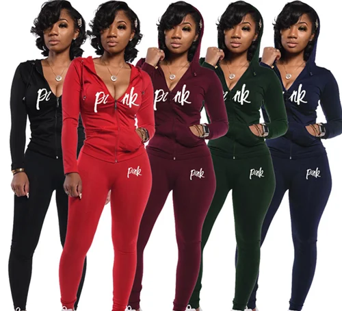 

Sporty Casual 2 Piece Set Pink Letter Tracksuits Logo custom Women Fall Winter Two Piece Outfits Zipper Jogger Set Sweatsuit