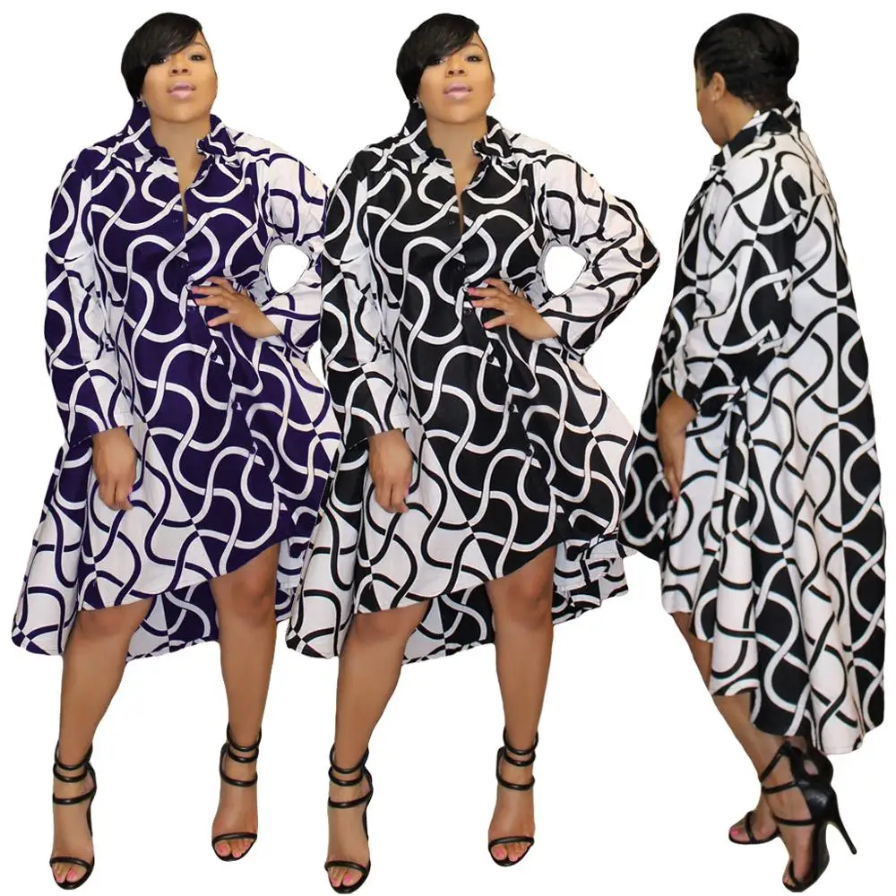 Women Printed Plus Size Shirt Dresses Casual Sexy Boutique Long Sleeve Winter Office Midi Dress for Lady Female Hotsale RS00081