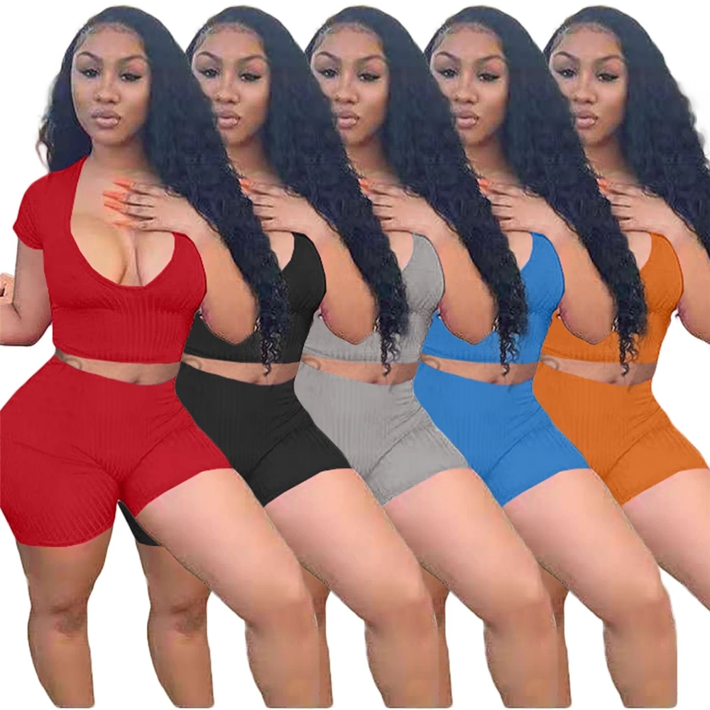 

MD-20222608 Ribbed 2 Piece Set Women Summer Jogging Suit Skinny Fitness Yoga Set Woman Short Sleeve Two Piece Set