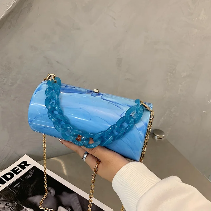 

New Fashion Blue Drum Shape Marble Color Long Resin Acrylic Hard Box Wedding Bridal Party Messenger Shoulder Purse Clutches