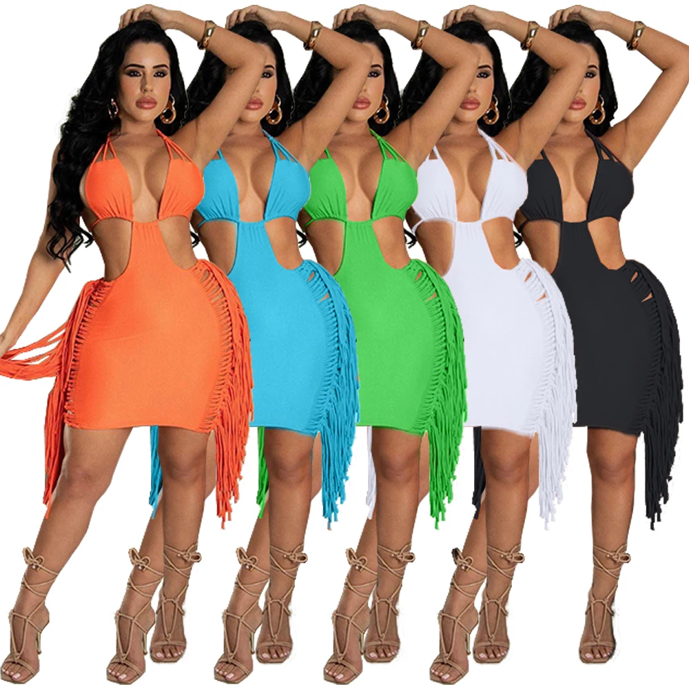

2022 Sexy Crisscross Halter Backless Sides Tassels Decor Dresses Women Summer Bodycon Dress Women