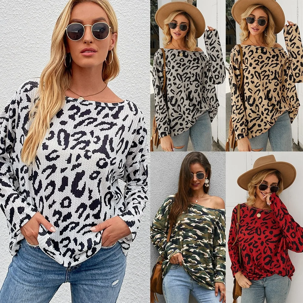 

Leopard women's fall and winter round neck long-sleeved camouflage Slim bottoming shirt T-shirt
