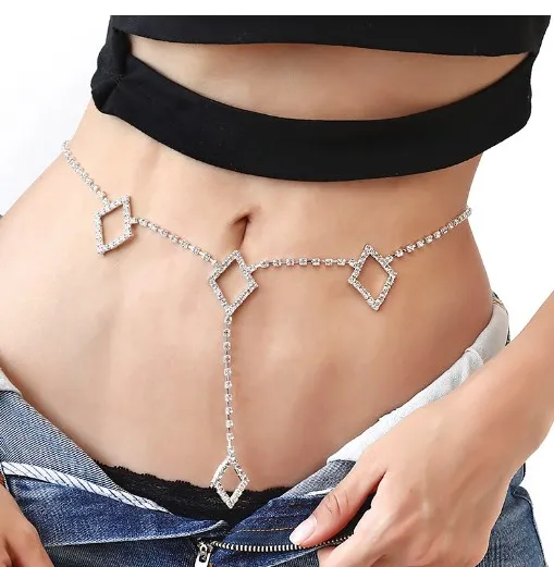 

Hot Sale Body Jewelry Full Rhinestone link Chain Belly Chains Colorful Crystal Heart Shape Charm Waist Chain, Silver color