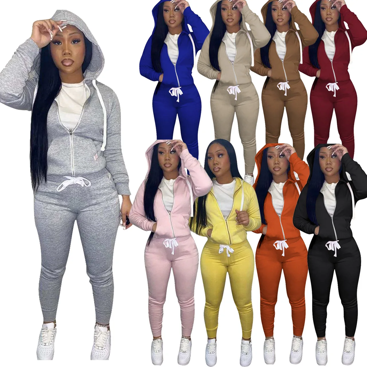 

winter clothing hoodies cotton jogger outfits 2piece women sets jogging sweat suit two piece sweatpants and hoodie set for woman, Gray,pink,yellow,orange,black,khaki,blue,wine red,brown