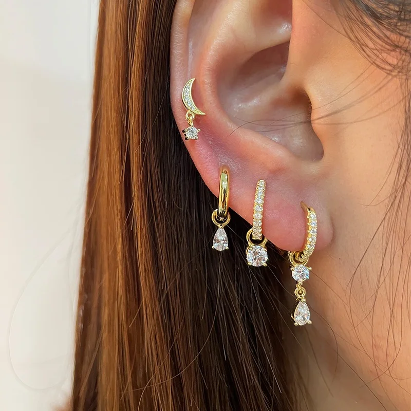 

Wholesale Fashion 925 Sterling Silver Cz Huggie dangle Hoops Charms Earring set Zircon 14K 18K Gold Plated Jewelry Earrings