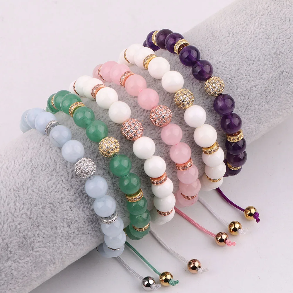 

New Design Luxury Bracelet Natural Stone Beads CZ Pave Charm Braided Adjustable Bracelet Custom Women