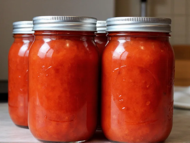 Jars of homemade tomato sauce stored in freezer