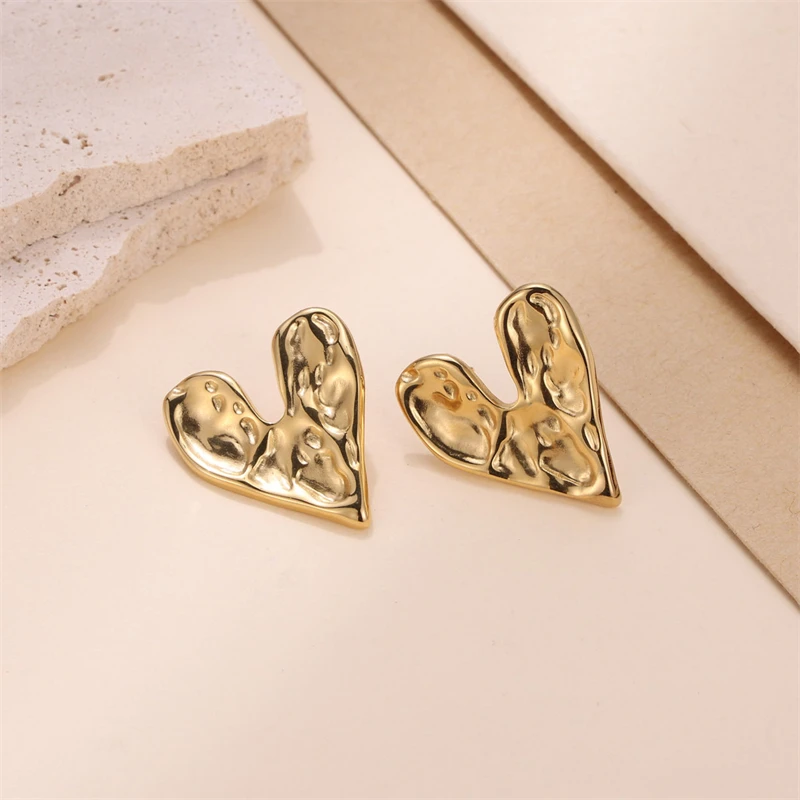 

18K Gold Plated Stainless Steel irregular LOVE Heart shape earring Corrugated concave-convex Geometric Stud Earrings women