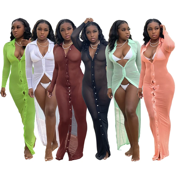 

New Arrival Ladies Maxi Dress Long Sleeve Mesh See Through Summer Women Shirt Dresses, Picture color