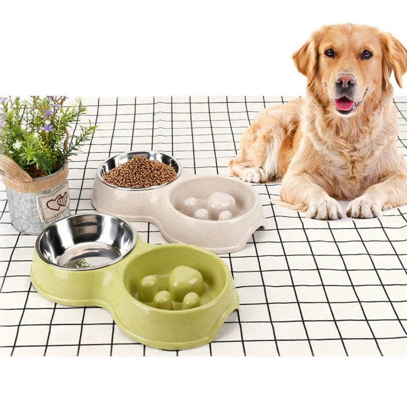 

Portable Modern Raise Pet Dog Feeding Bowl Non Slip Cat Stainless Steel Metal Double Water Food Slow Feed Eating Feeder Dog Bowl, White/ blue/pink/green