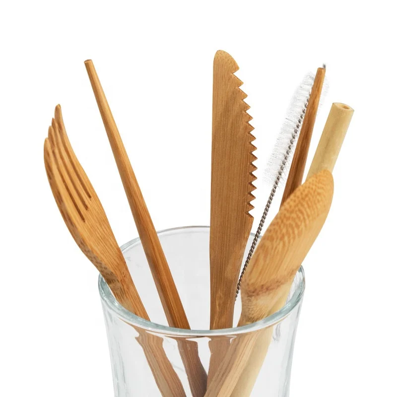 

Wholesale Reusable Bamboo Cutlery Set with Pouch Bamboo Tableware Dinnerware Set, Natural bamboo color