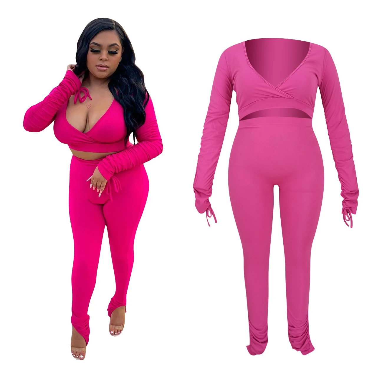 

2021 Amazon large size XL-4XL women's clothing Sexy Solid V Neck Tops Women Crop Tops and Pleated slit pants 2 piece set women