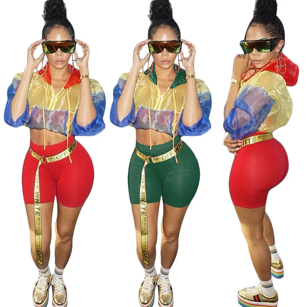 

2022 New Fashion Mesh Hooded Two Piece Shorts Set Summer Women Clothes Sport Patchwork Biker Shorts Set