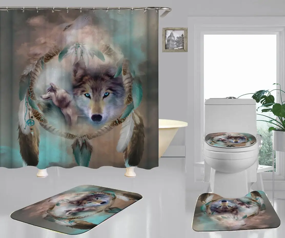 

Dream Night Wolf HD 3D Printed Toilet Mat Shower Curtain 4 Pieces Set For Homes and Hotels